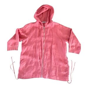 Russ Berens Malibu Zip Front Hoodie SZ Large 100% Linen Coral Orange 3/4 Sleeves